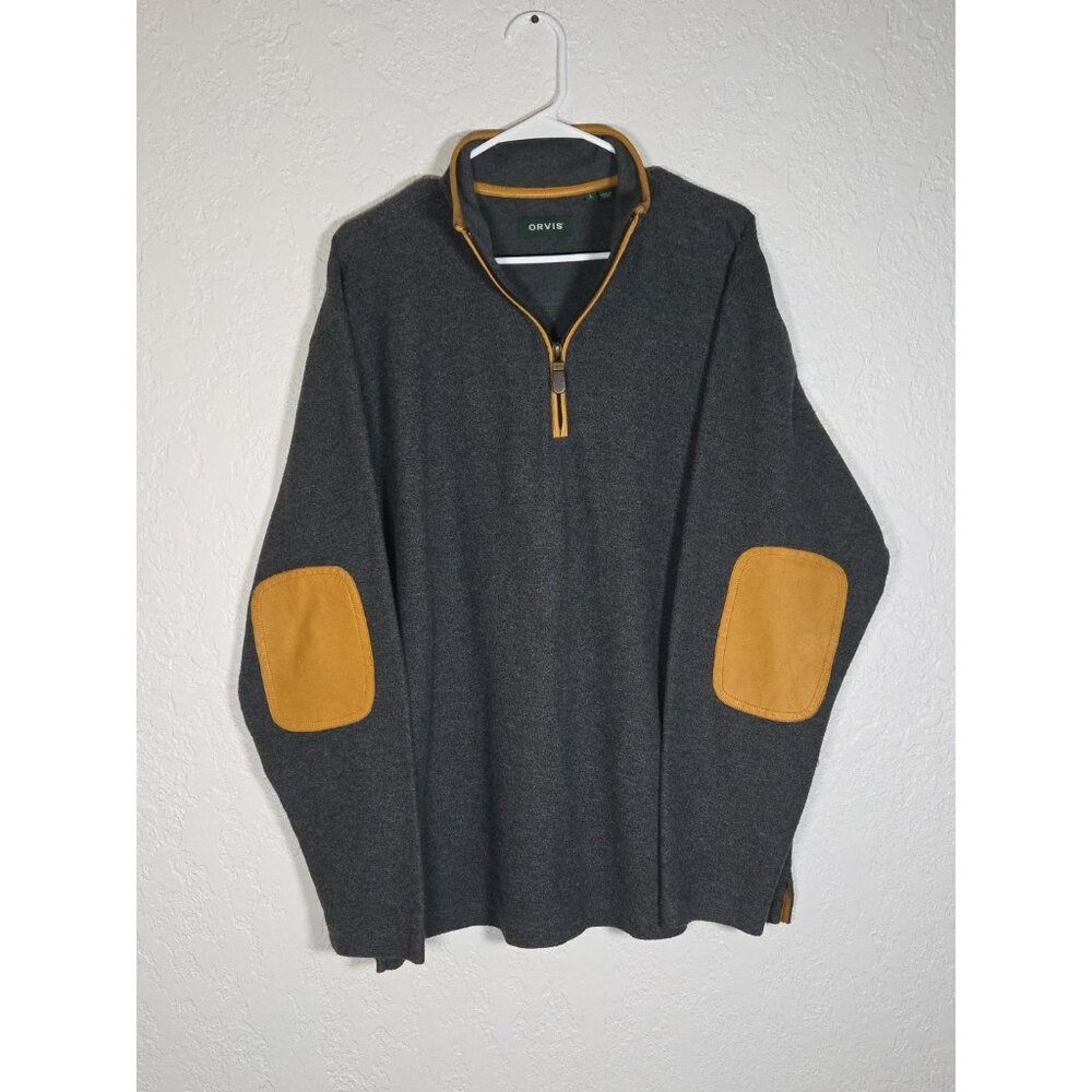 Orvis Gray 1/4 Zip Sweater Mens Large Gray Leather Elbow Patches Classic Preppy